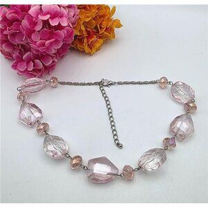 Blush Pink Faceted Acrylic Bead Necklace 20" Adj Paperclip Chain Sparkle Vintage